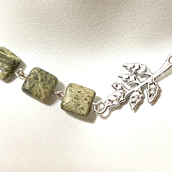 2/$20 Dark Green Serpentine Leaf Branch Necklace,Genuine Gemstone StainlessChain - Picture 4 of 13